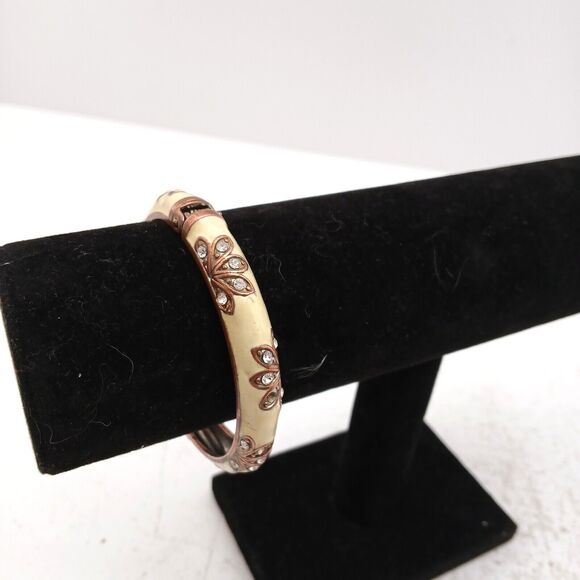 Vintage Enamel & Rhinestone Bangle Bracelet Hinged Art Deco Style Cream Copper - Picture 7 of 11